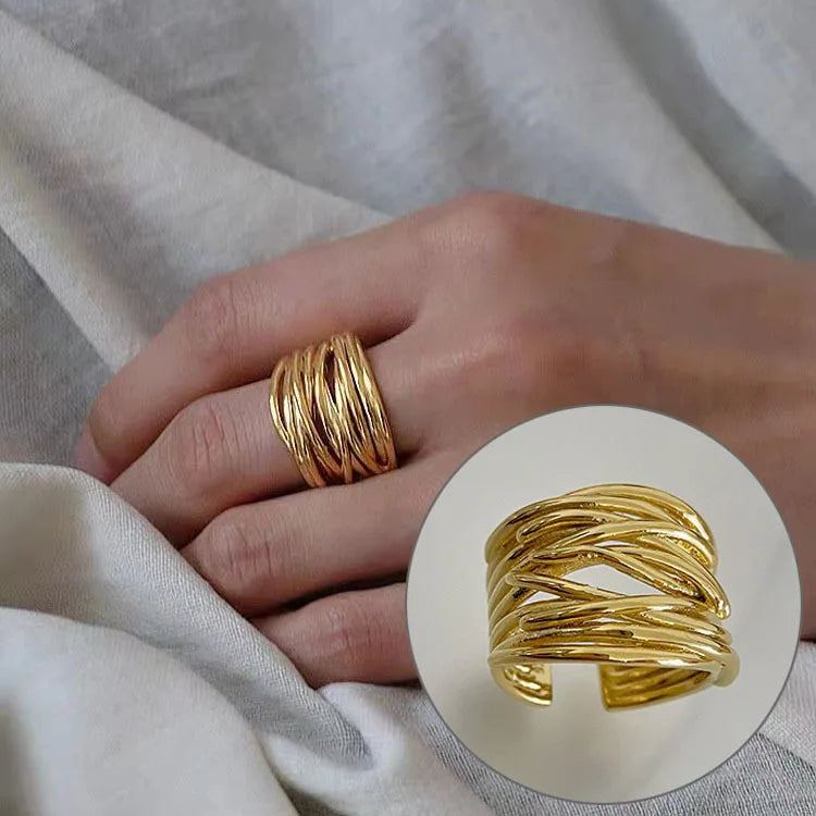 VENTFILLE 925 Sterling Silver Irregular Design Wave Golden Stackable Finger Rings Trendy Adjustable For Women Gifts Dropshipping