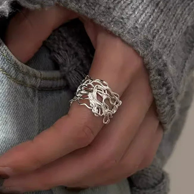 VENTFILLE 925 Sterling Silver Irregular Design Wave Golden Stackable Finger Rings Trendy Adjustable For Women Gifts Dropshipping